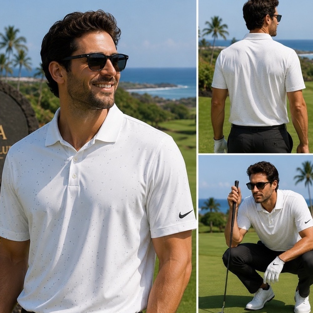 Nike Dri-FIT Mens Polo Shirt Large White Grey Geometric Triangle Print Golf Tee